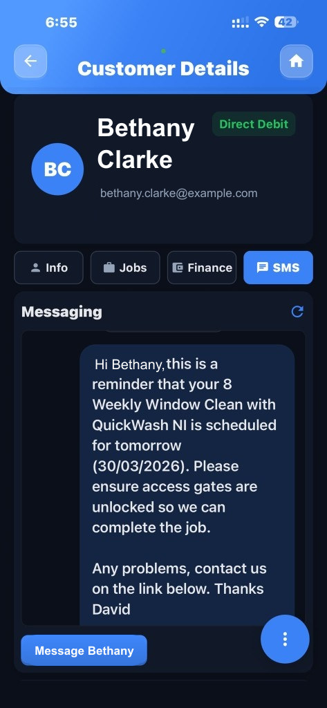 Customer record open on the messaging tab, with an automatic reminder text sent to the customer